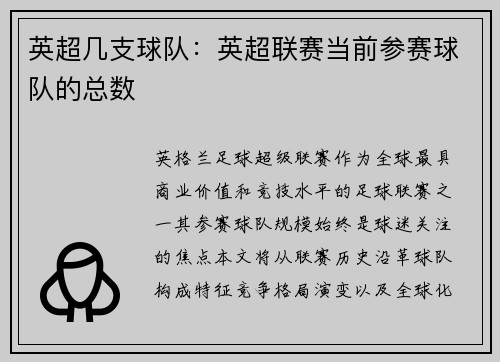 英超几支球队：英超联赛当前参赛球队的总数